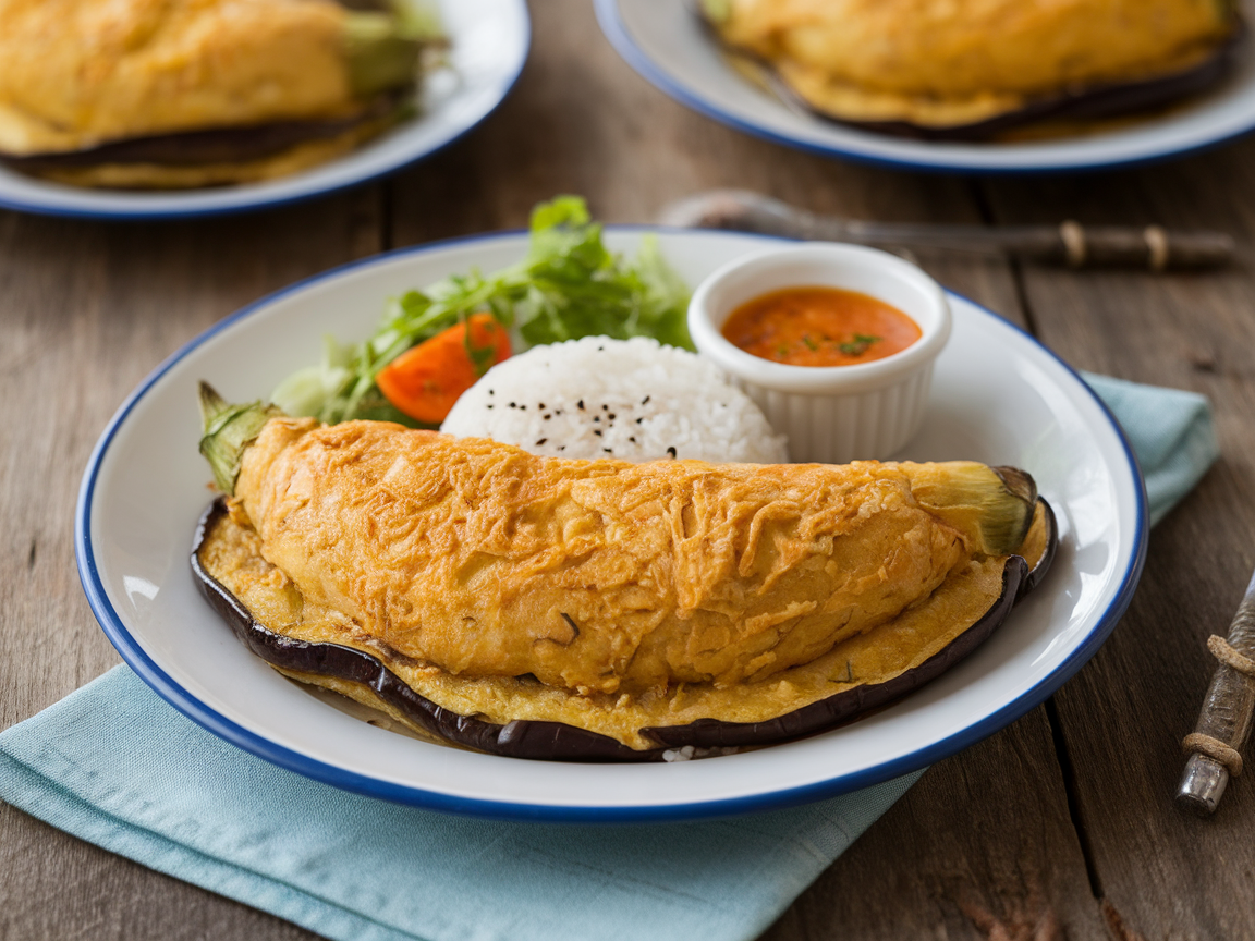 A plate of Tortang Talong, featuring a golden eggplant omelette with rice, salad, and dipping sauce.