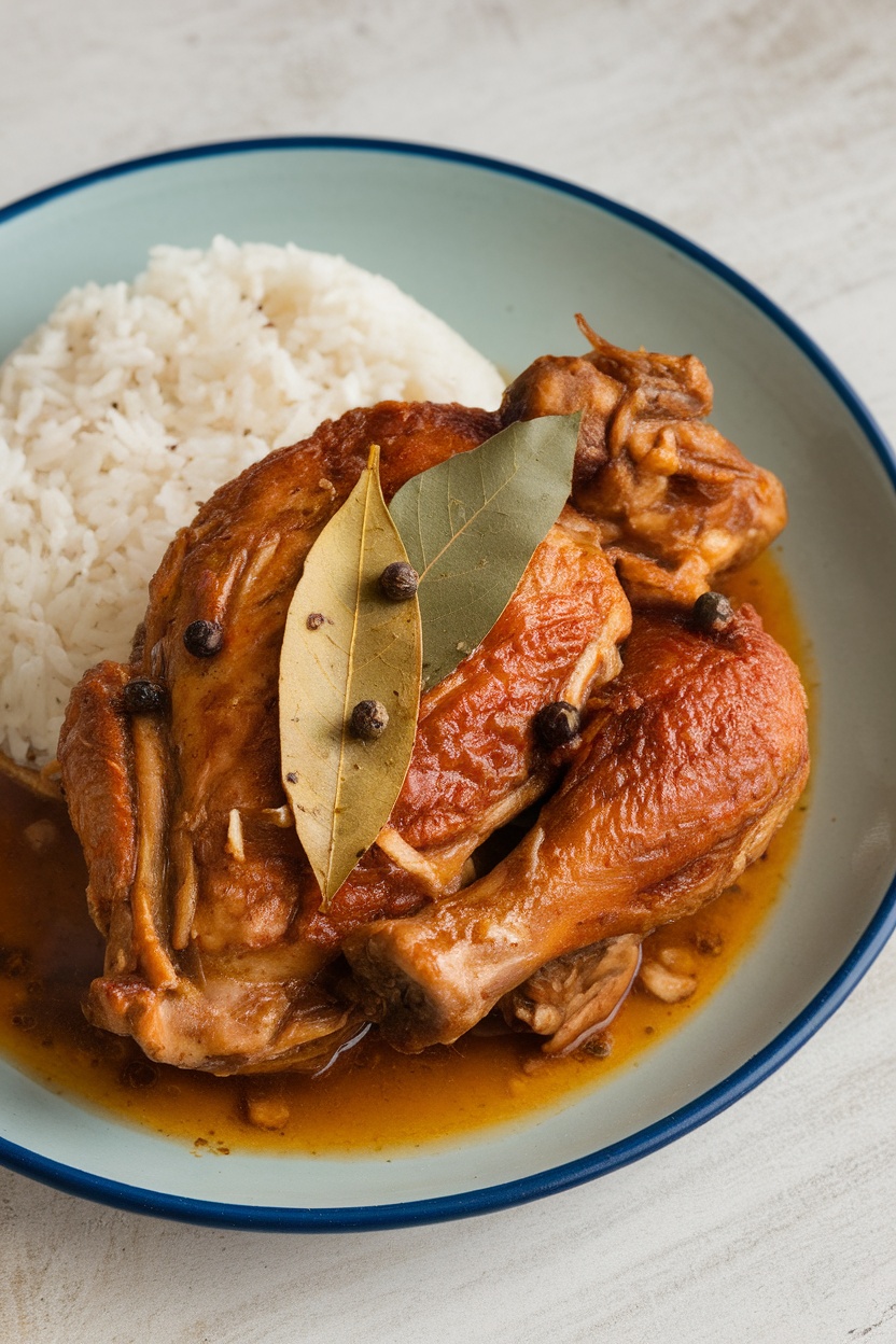 A plate of traditional Chicken Adobo served with rice.