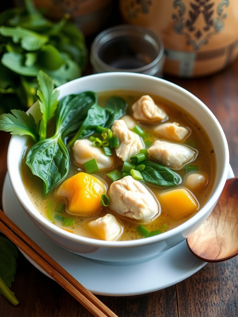 A bowl of Tinolang Manok with chicken, papaya, and spinach in ginger broth, garnished with green onions.