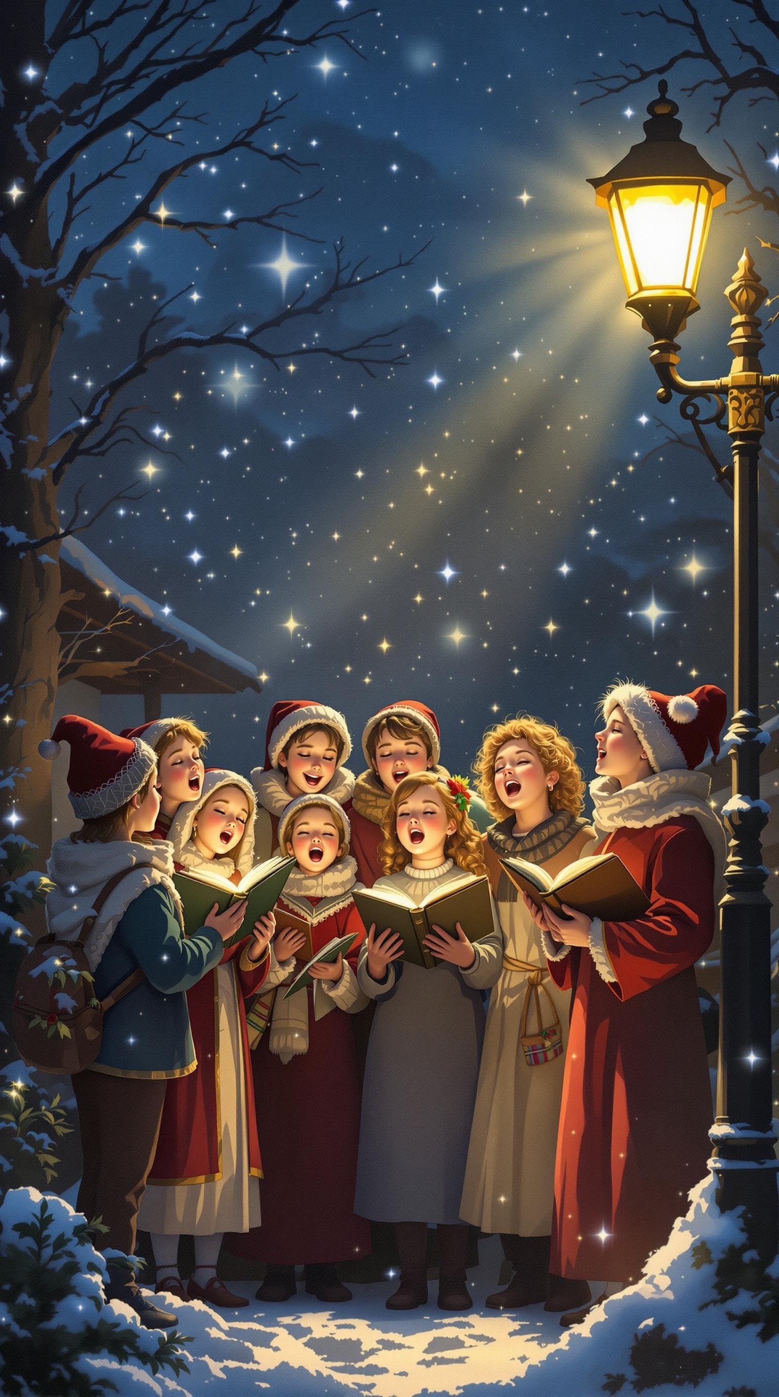 A group of children singing Christmas carols under a starry night sky.