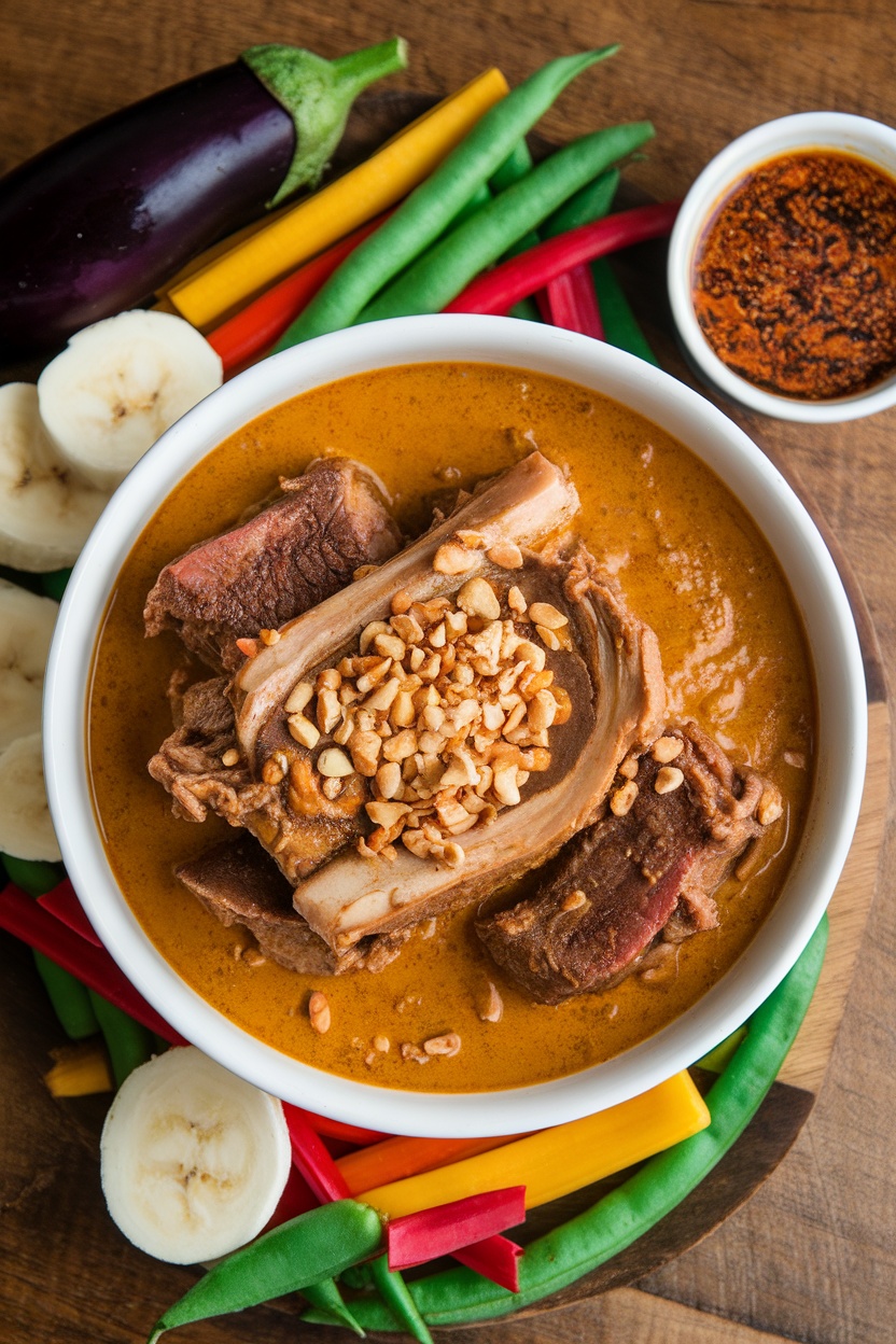 A bowl of Kare-Kare with oxtail and vegetables in peanut sauce, garnished with peanuts, alongside bagoong.