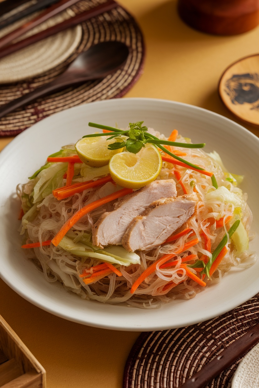 A plate of Pancit Bihon with rice noodles, vegetables, and green onions on a rustic wooden table.