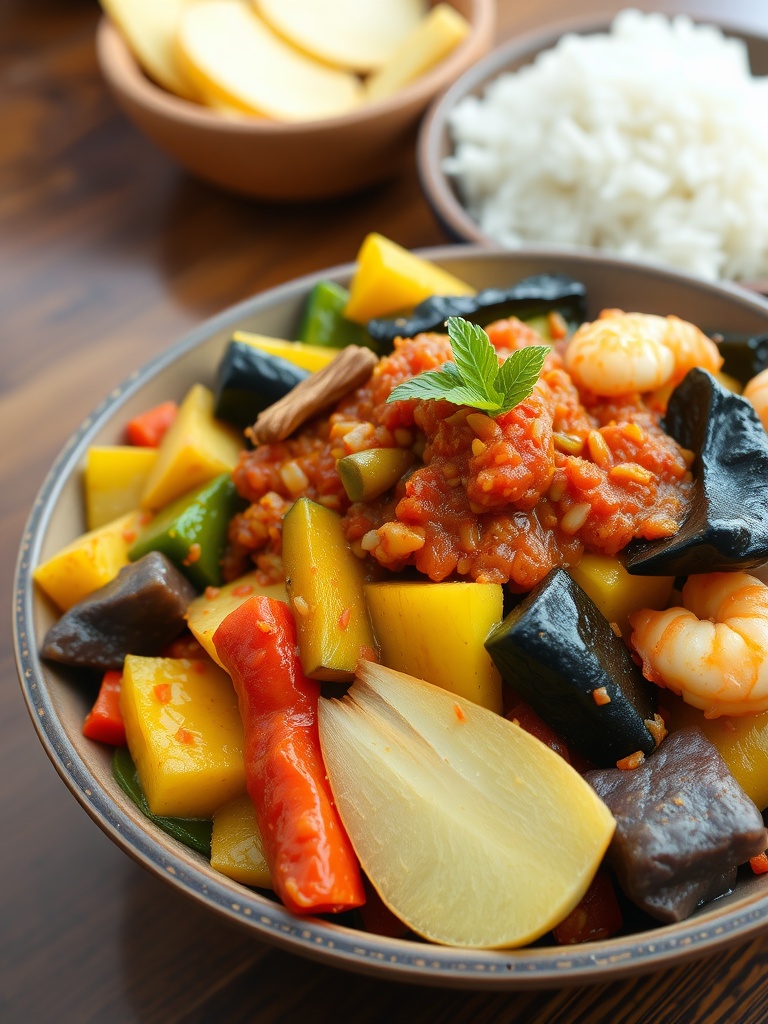 A traditional Filipino pinakbet with mixed vegetables and shrimp paste on a rustic table with rice.