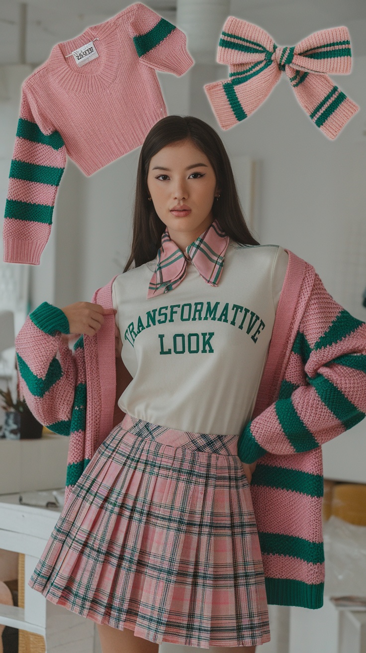 A model wearing a trendy t-shirt with 'TRANSFORMATIVE LOOK' text, layered with a plaid shirt and pink cardigan. Accessories include a matching bow.