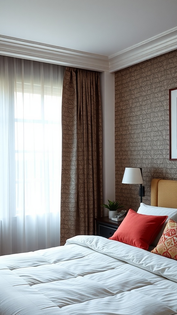 A cozy bedroom with sheer and patterned curtains, a lamp, and decorative pillows.