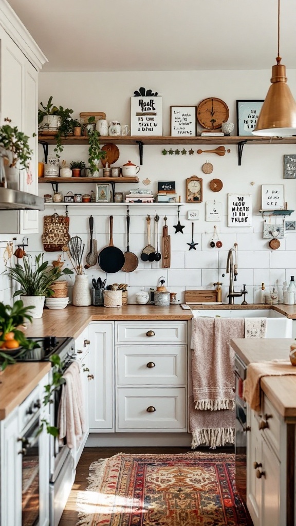 A cozy maximalist kitchen with open shelving, plants, and decorative items.