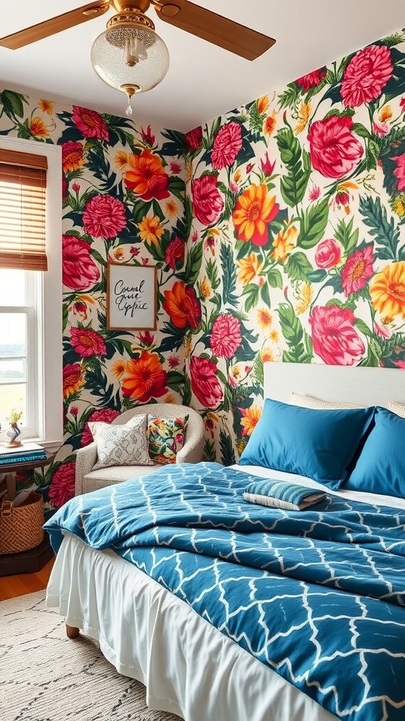 A bedroom with vibrant floral peel-and-stick wallpaper, featuring a bed with a white comforter and blue pillow.