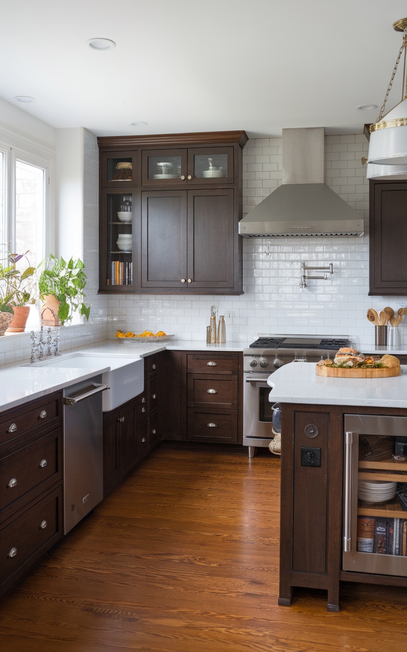 A modern kitchen featuring dark cherry cabinetry, light countertops, and a large island.