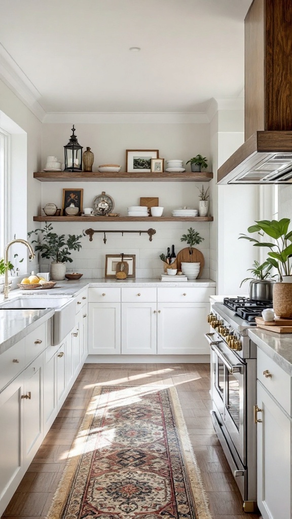 A bright and inviting transitional kitchen featuring a blend of white and wood cabinetry, open shelves with decorative items, and a colorful area rug.