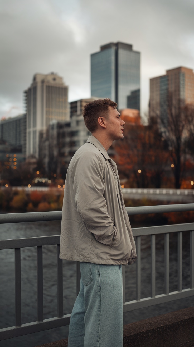 A man in light baggy jeans and a jacket stands by a railing overlooking a cityscape.