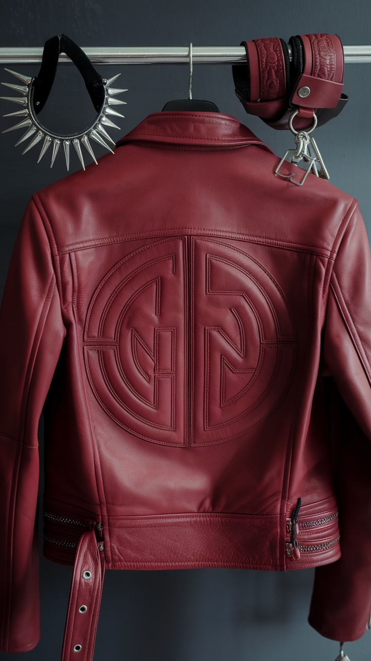 Cherry red leather jacket with unique stitching and zippers