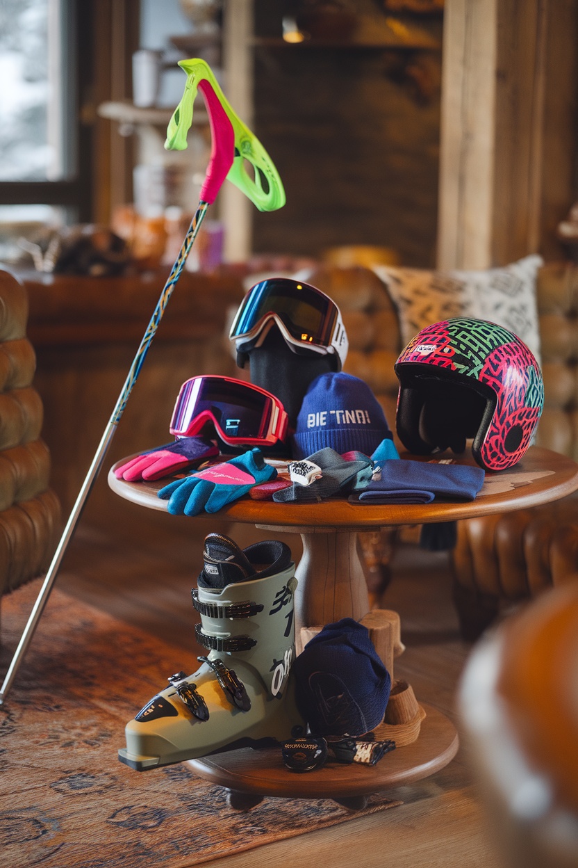 A collection of trendy skiing accessories, including helmets, goggles, gloves, ski poles, and boots, displayed on a wooden table.