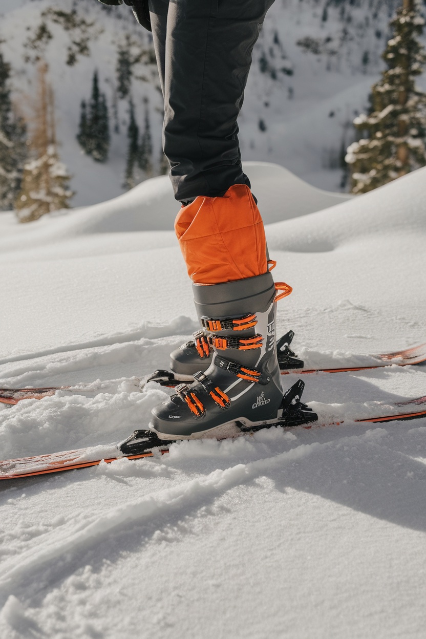 A skier wearing trendy snow boots on a snowy slope