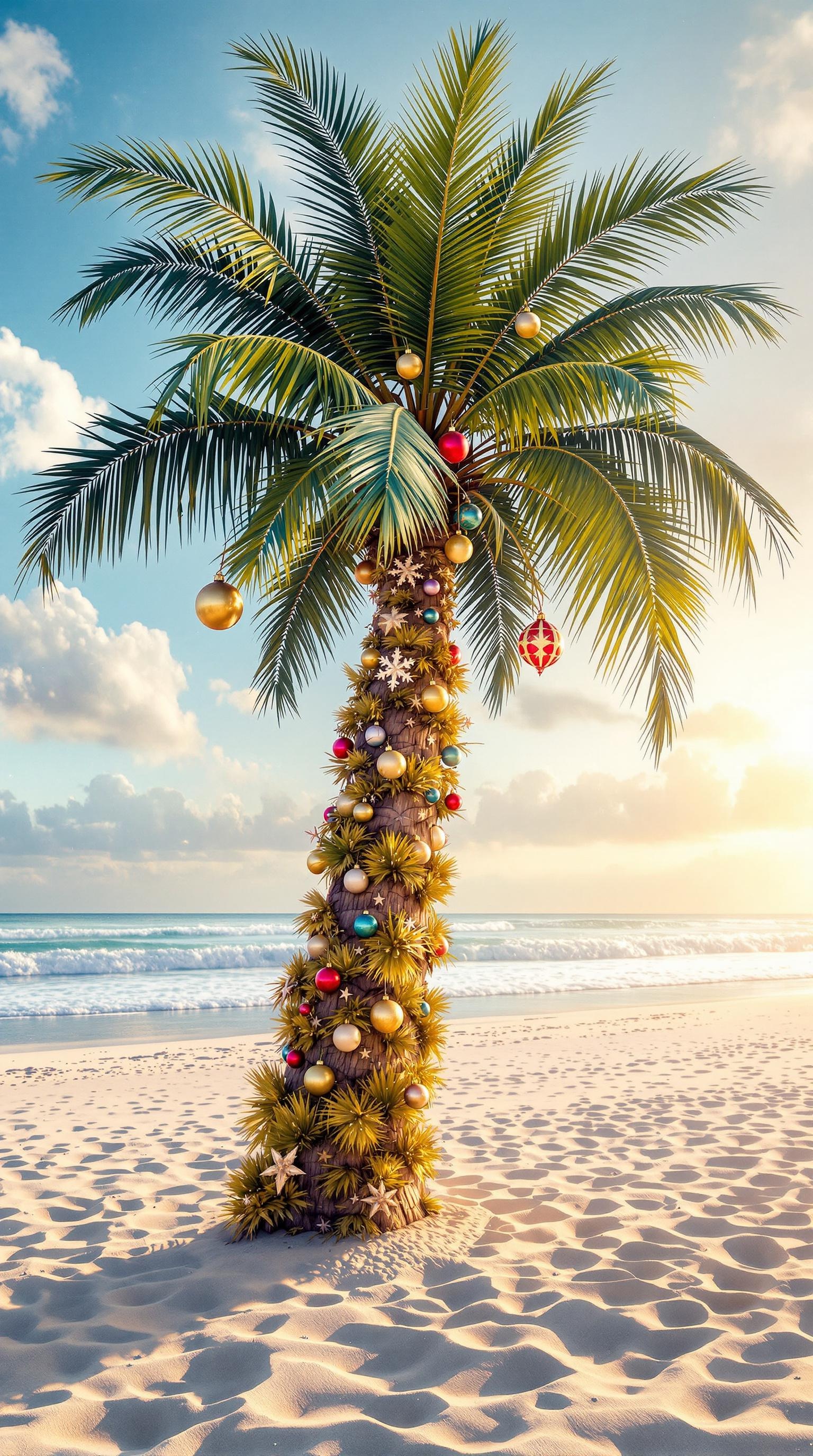 A palm tree decorated with colorful ornaments stands on a sandy beach, with the ocean and sky in the background.