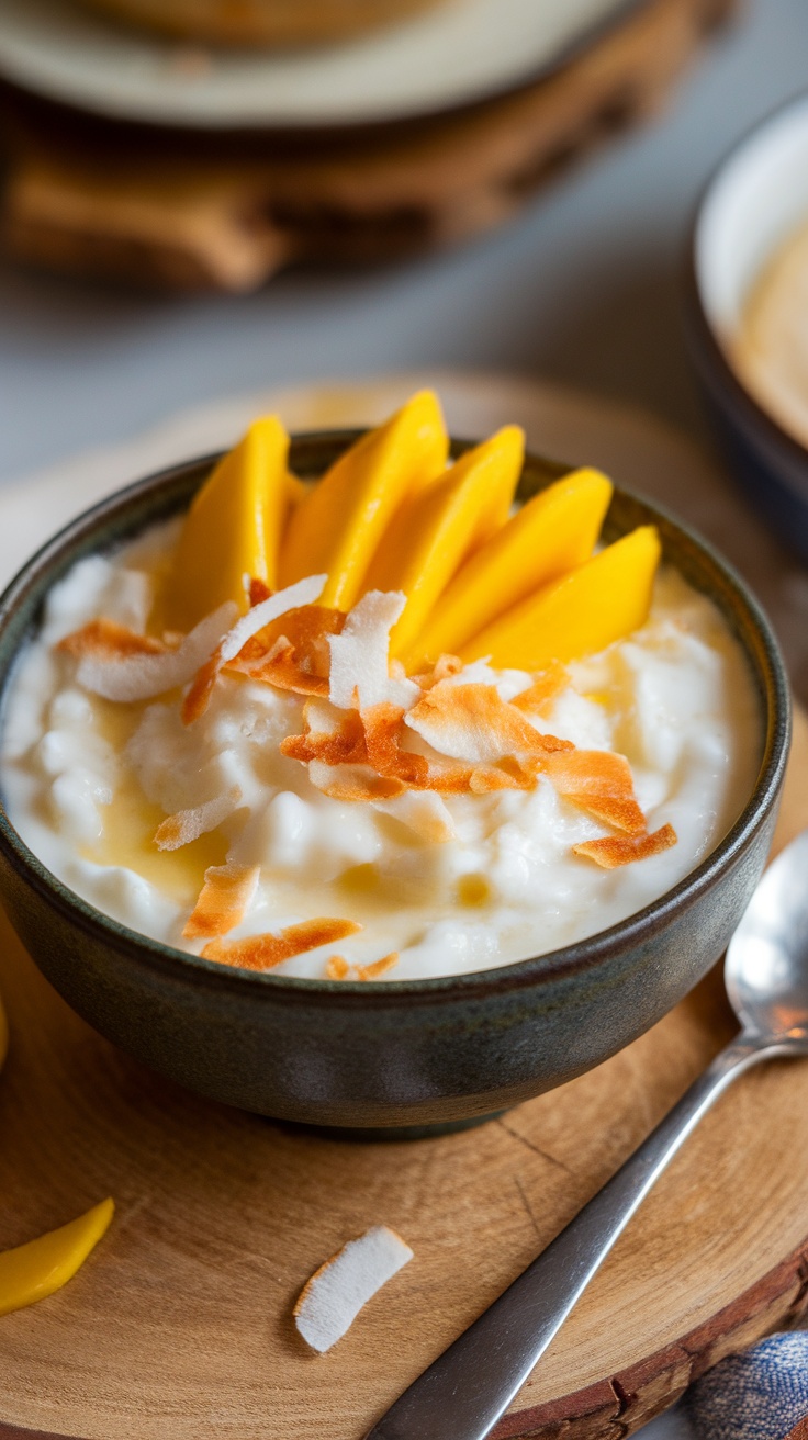 A delicious bowl of tropical coconut rice pudding topped with mango slices and toasted coconut flakes.