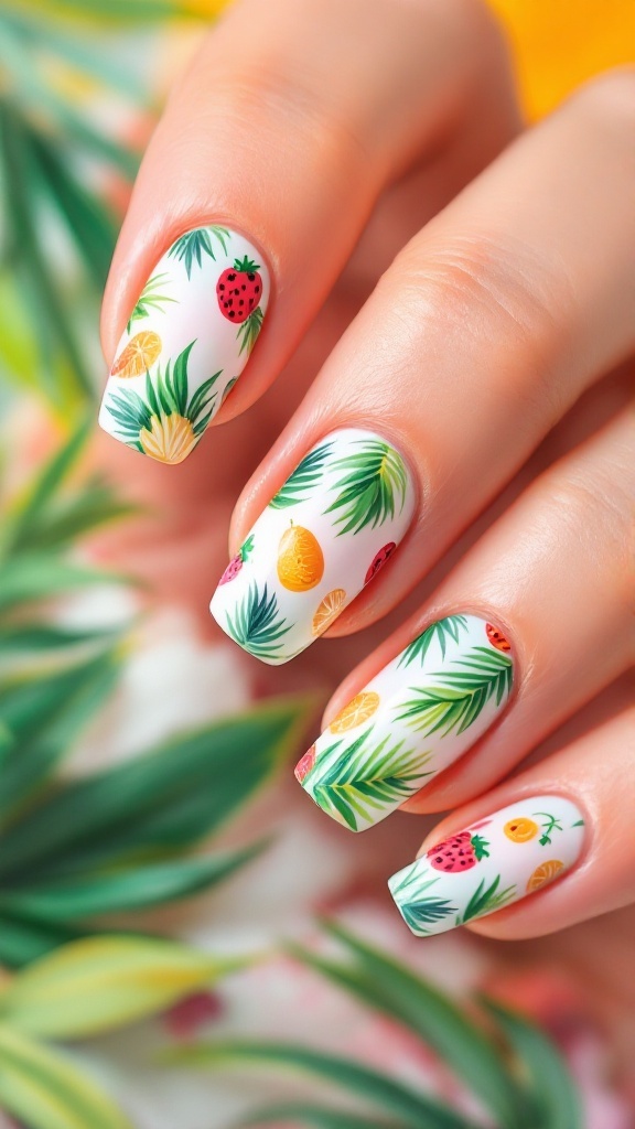 Nail art inspired by tropical paradise with palm leaves and fruits on a white background