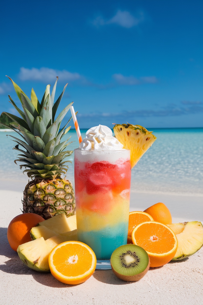 A colorful Tropical Paradise Float with fruit and whipped cream on a beach