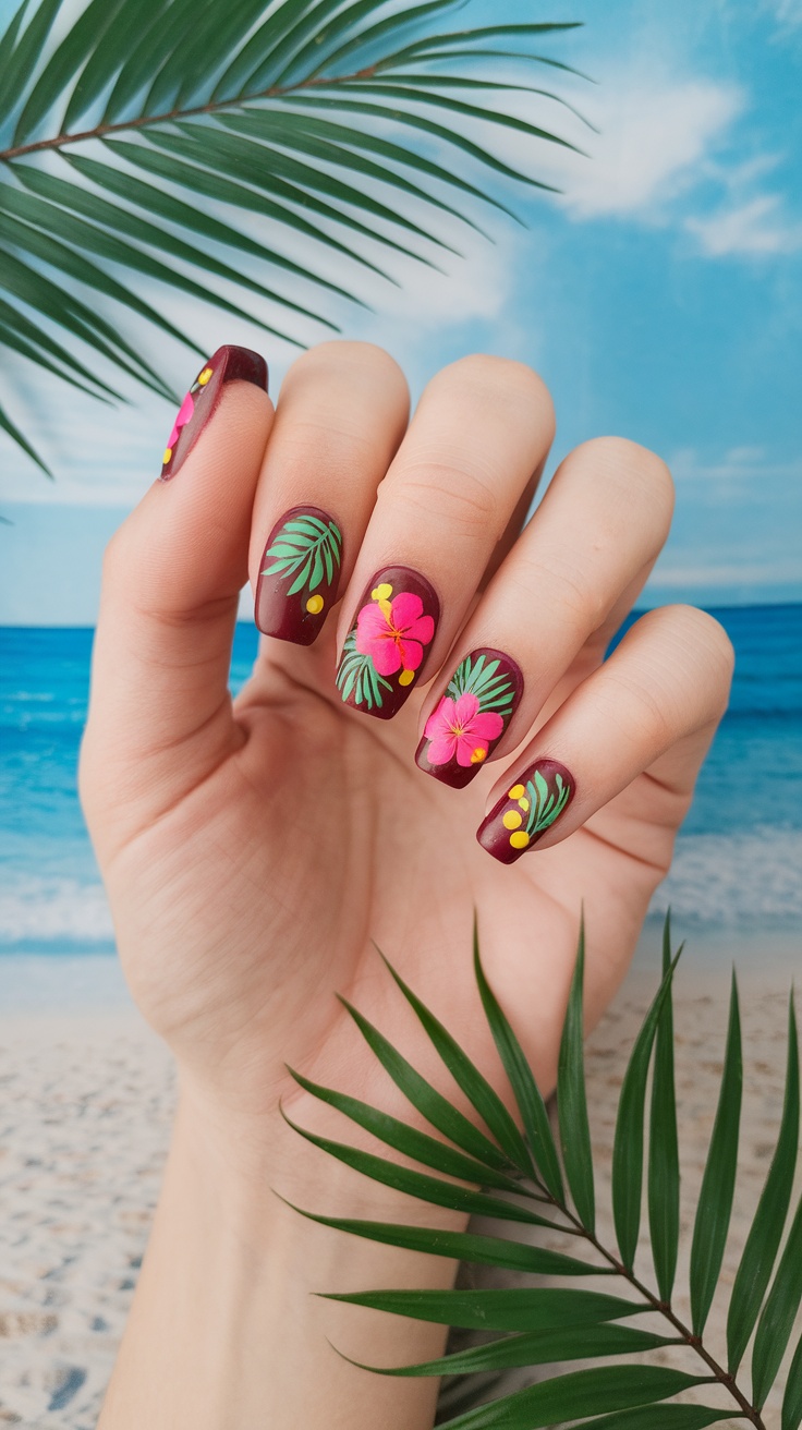 Hand with dark cherry red nails decorated with tropical flowers and leaves against a beach background