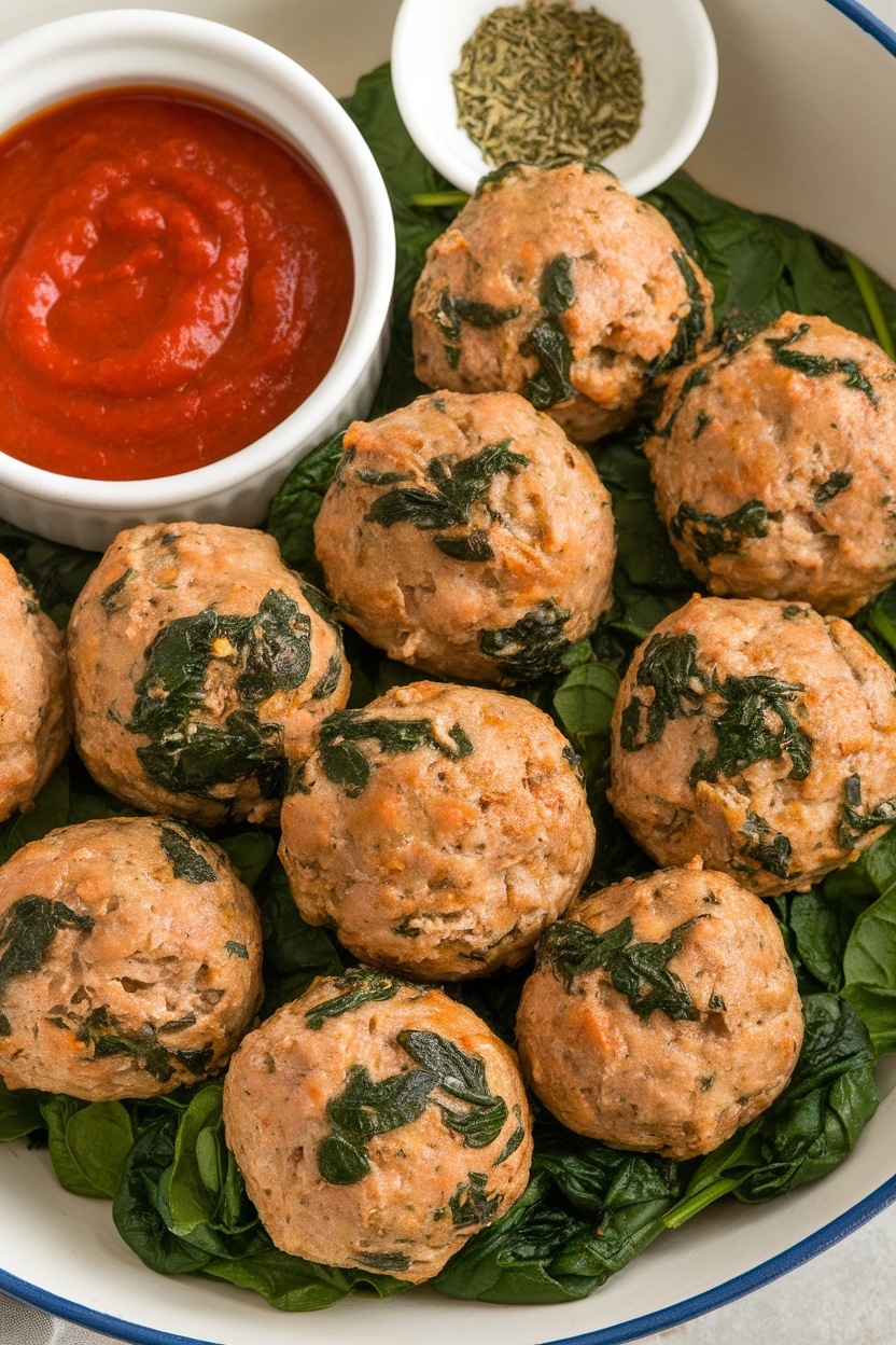 Delicious turkey and spinach meatballs served with sauce