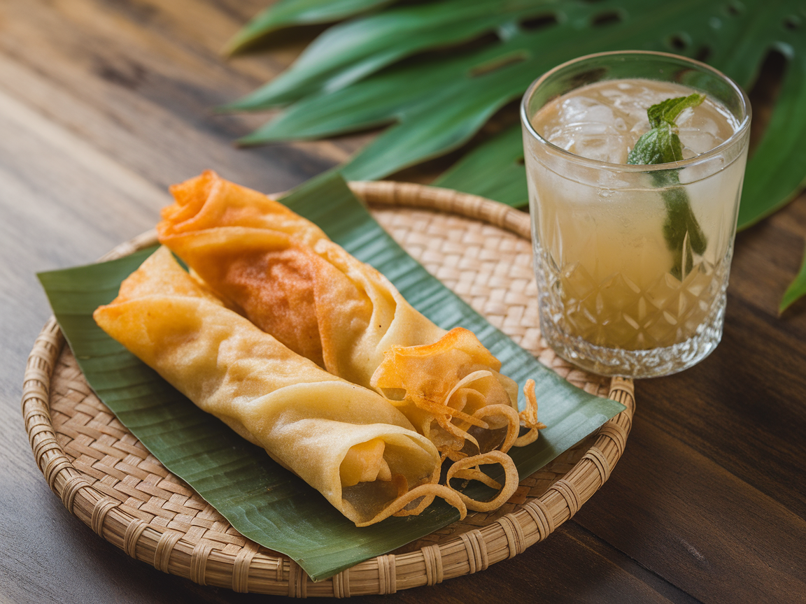 A plate of Turon, sweet banana spring rolls, served with a refreshing drink.