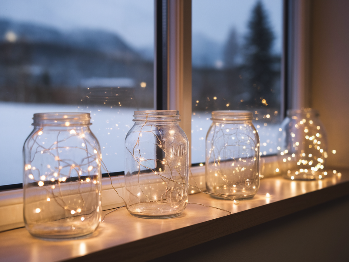 Glass jars filled with fairy lights placed on a windowsill.