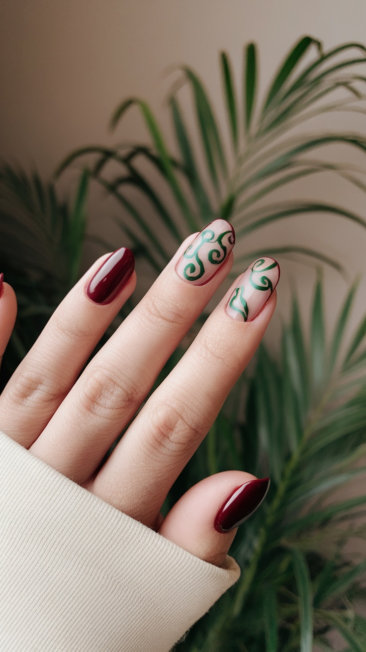 A hand with dark cherry red nails featuring twirling green vine designs on some nails, set against a soft, leafy background.