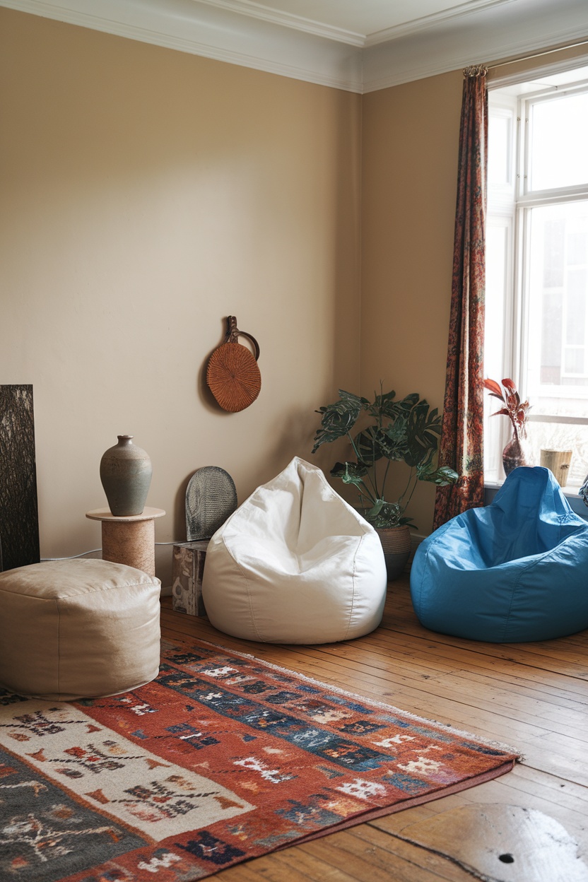 A cozy living room featuring colorful bean bags and poufs on a patterned rug.