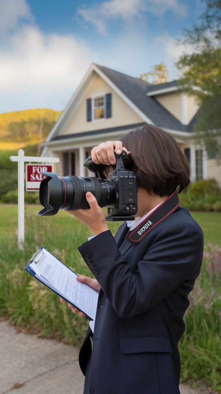 A person taking a photo of a house for sale while holding a clipboard.
