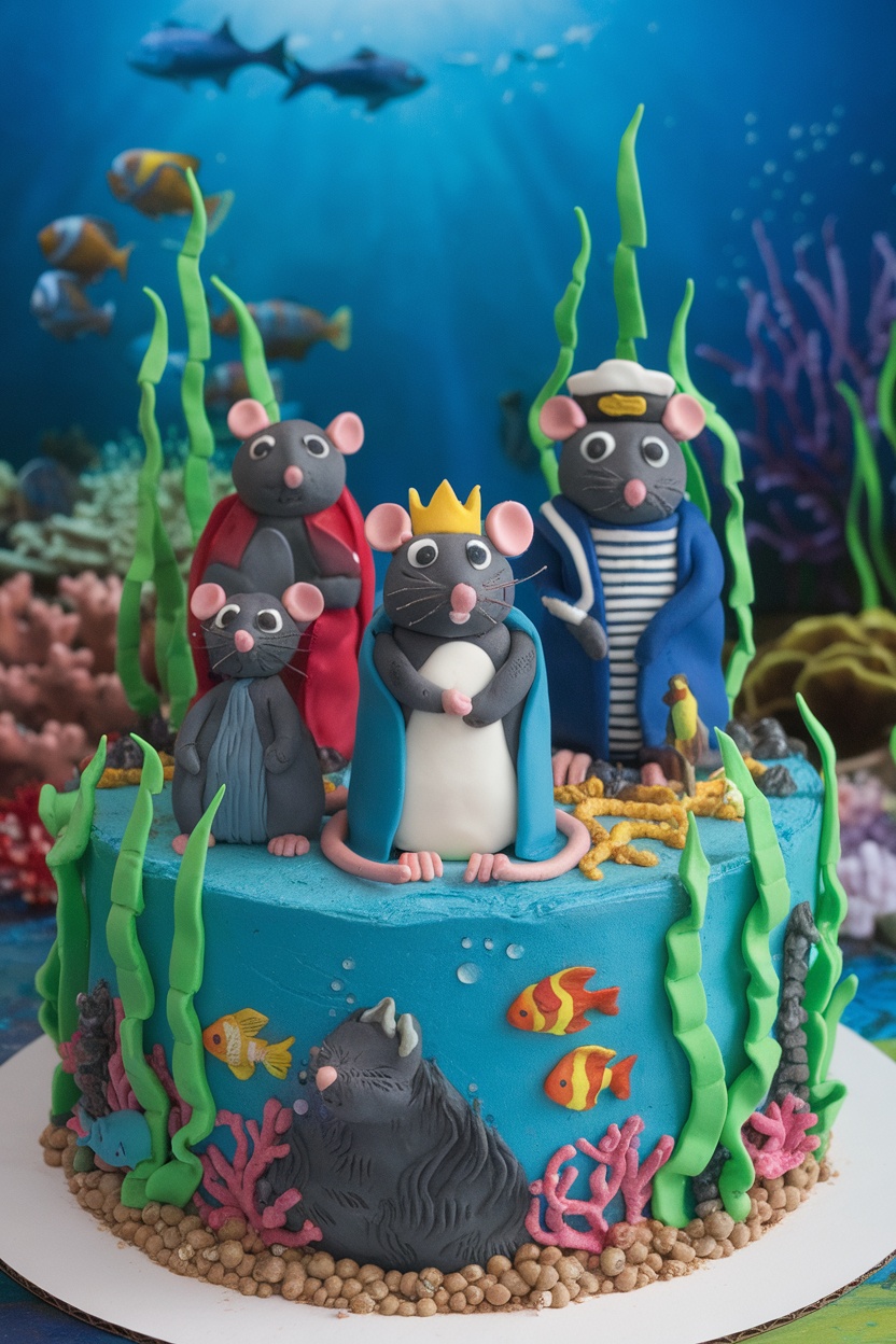 A colorful underwater-themed cake with fondant rats dressed as royalty, surrounded by seaweed and coral.