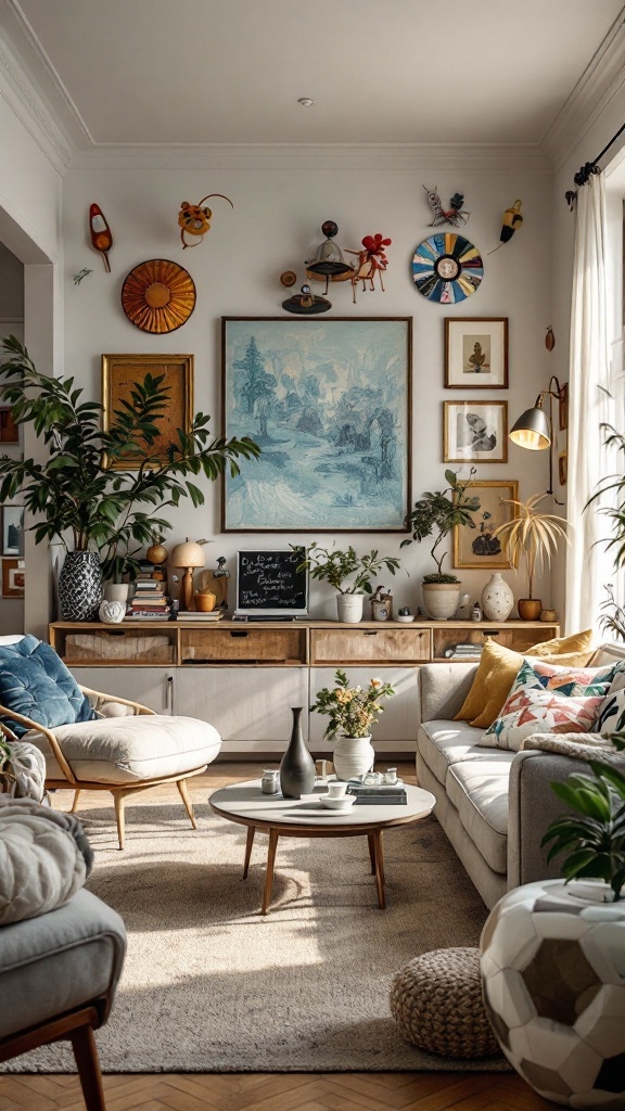 A colorful and lively maximalist living room featuring eclectic wall decorations, plants, and a cozy seating area.