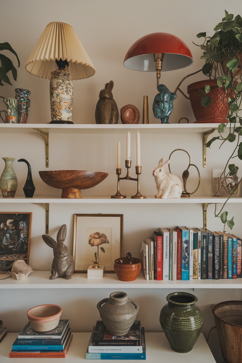 A stylish shelf displaying a mix of lamps, pottery, books, and decorative accessories