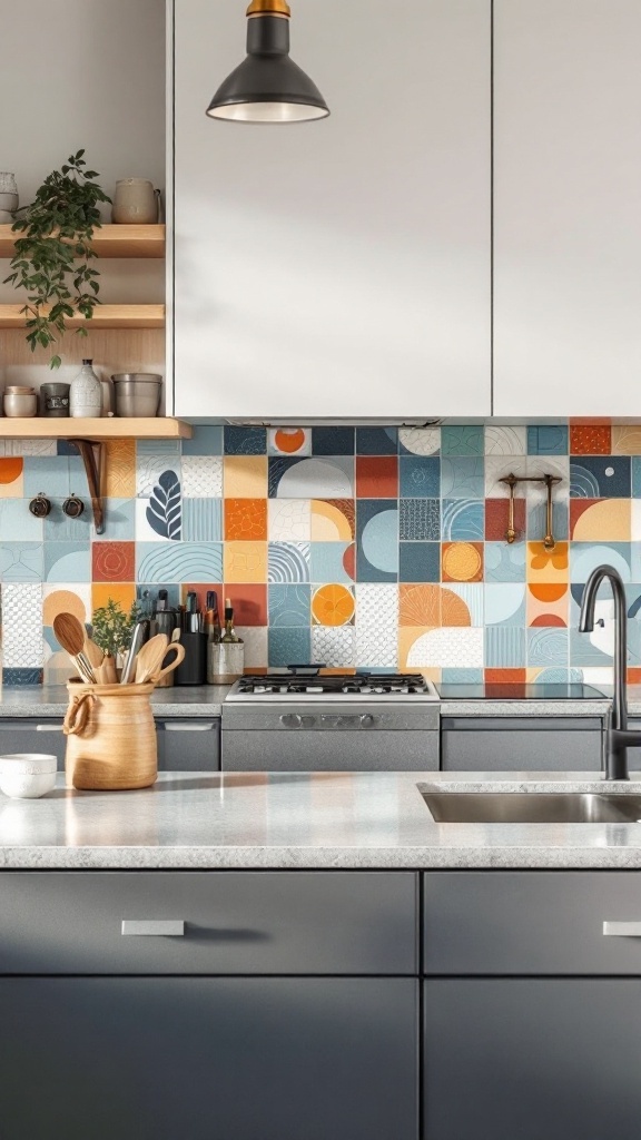 Colorful geometric tile backsplash in a modern kitchen