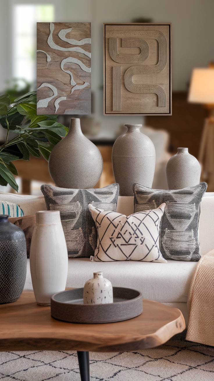 A modern living space featuring decorative vases, patterned pillows, and artistic wall art.