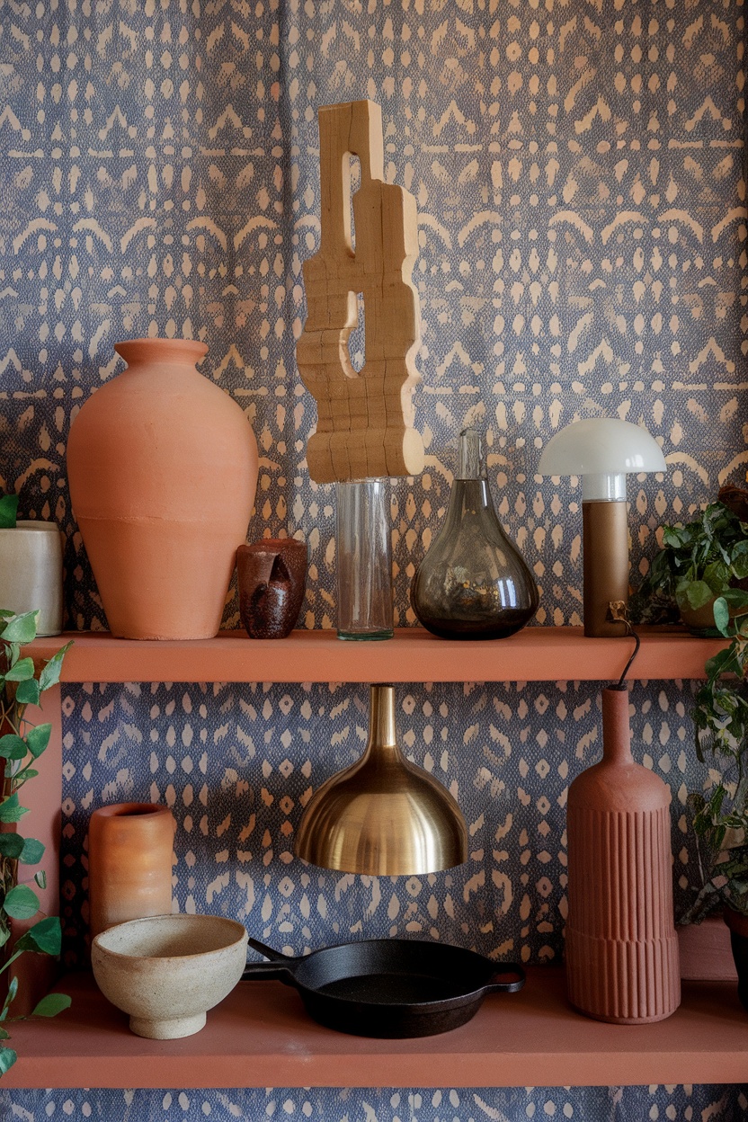 A display of unique sculptural objects including vases and a lamp on shelves.