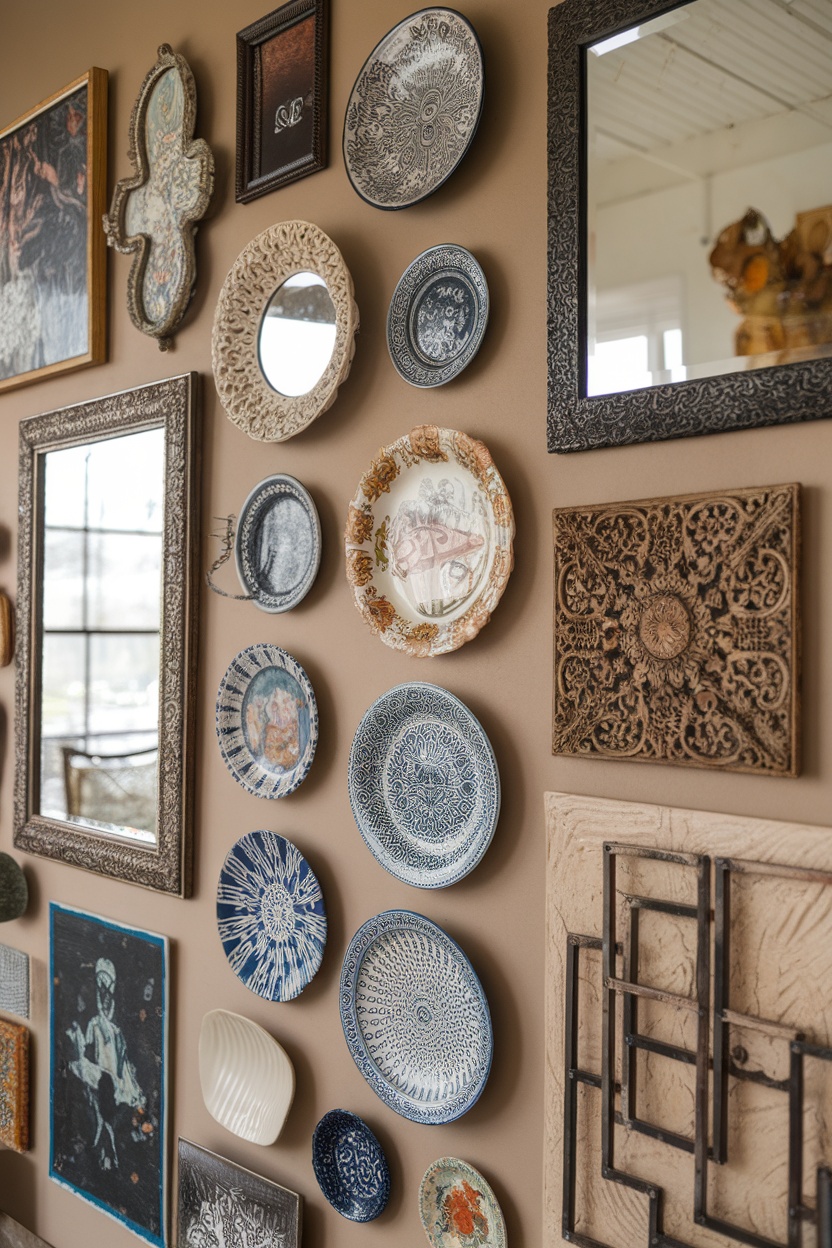 A wall decorated with various plates, mirrors, and ornate frames.