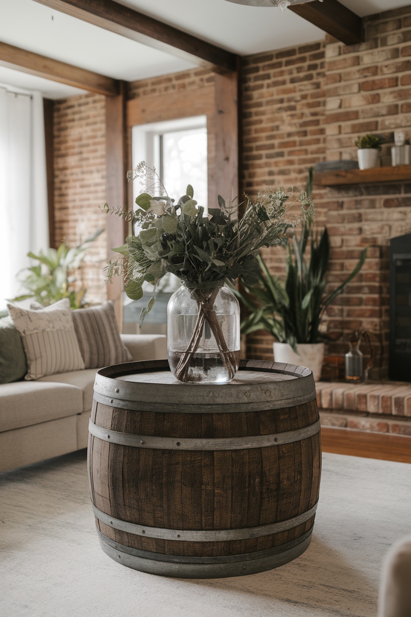 A rustic coffee table made from a wooden barrel, decorated with a vase and plants, in a cozy living room setting.