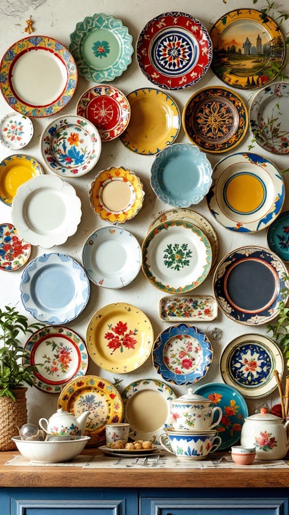 A colorful display of vintage plates on a wall, showcasing various patterns and sizes.