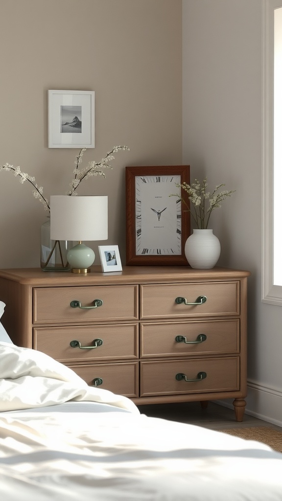 A dresser with modern hardware, decorative items, and a neutral color palette.