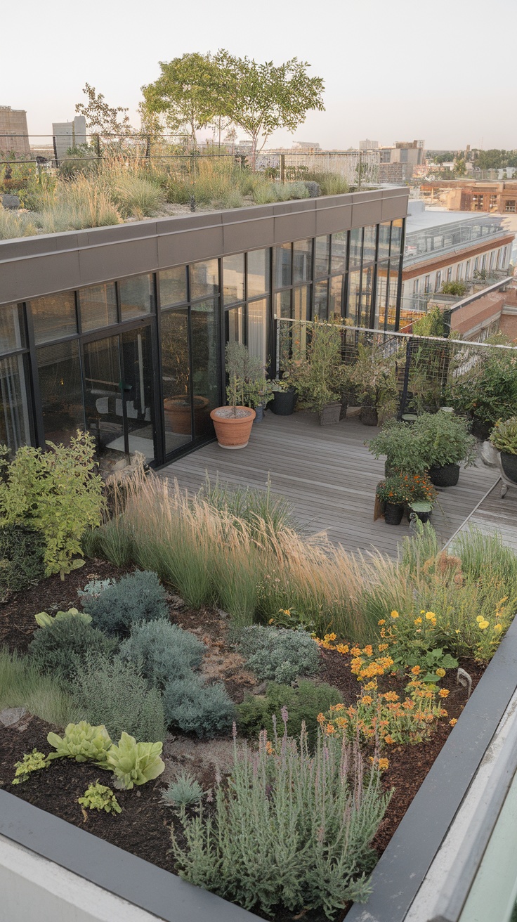 Rooftop garden with various plants and flowers