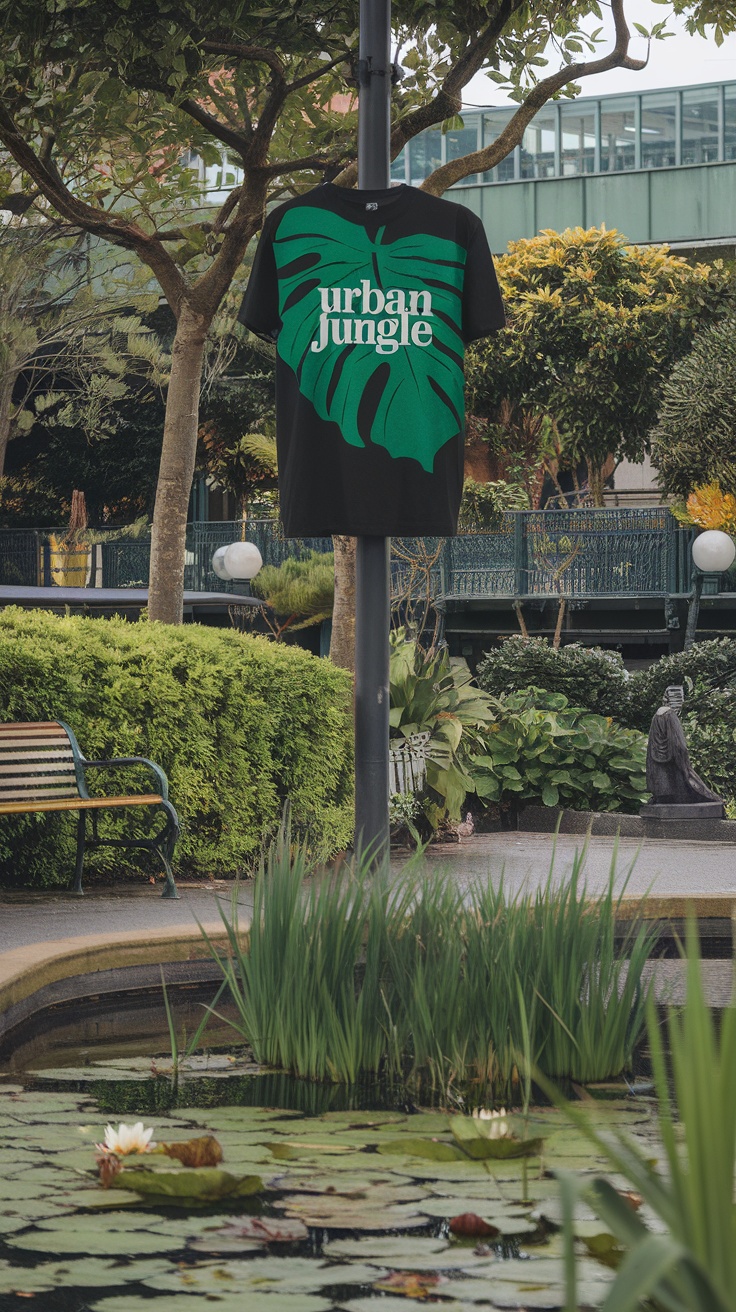 A black t-shirt with 'urban jungle' text and green leaf prints hanging in a garden