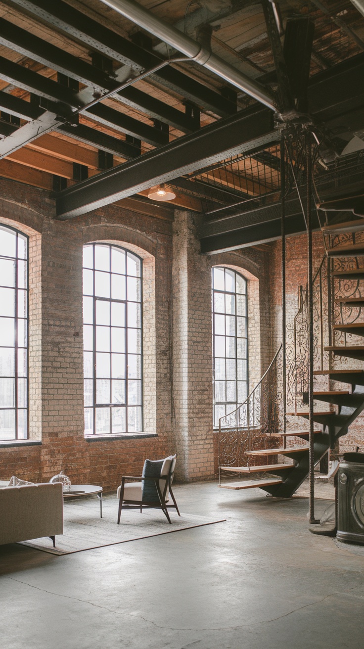 An industrial-style urban loft with large windows, exposed brick walls, and a spiral staircase.