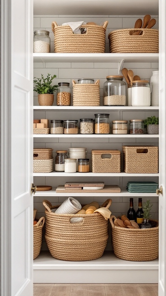 Organized pantry with woven baskets and jars for grouping items