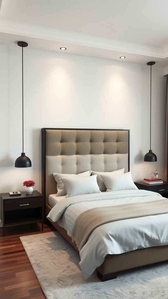 A modern bedroom with a cozy bed, stylish lighting, and a neutral color scheme.