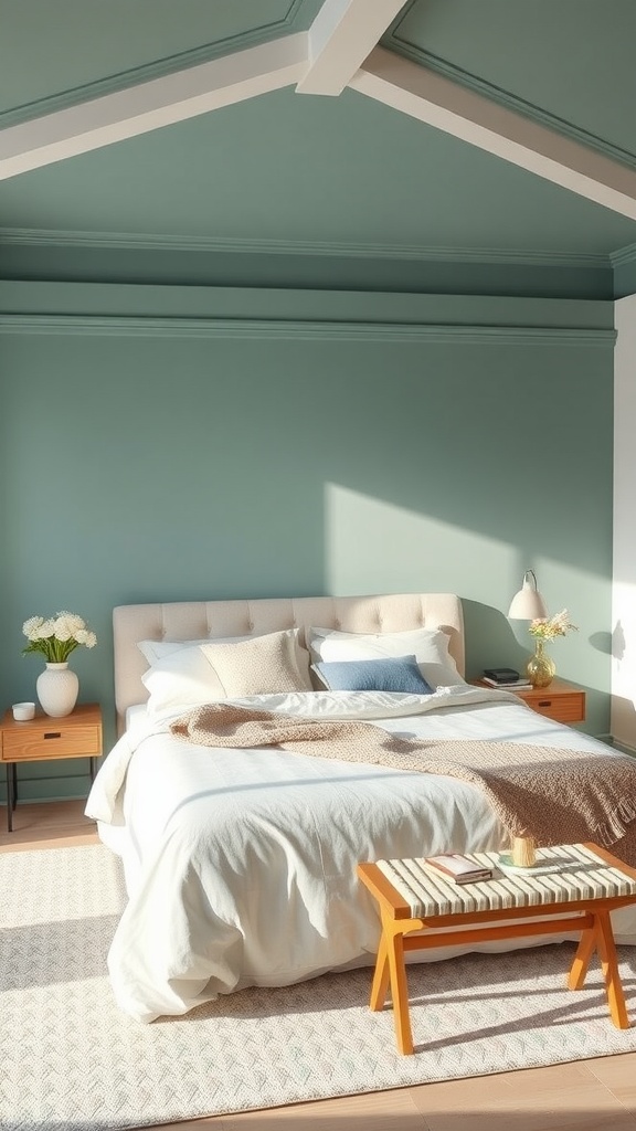 A cozy bedroom featuring a blue wall, warm bedding, and a stylish rug.