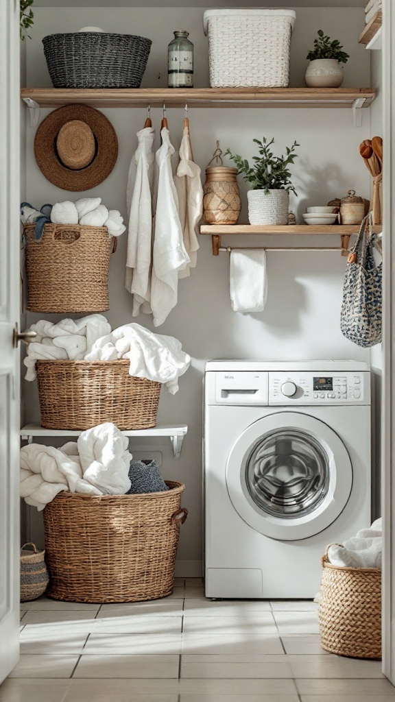 Organized laundry space with foldable baskets and a washing machine