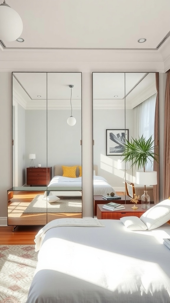 A stylish bedroom featuring large mirrors on the wardrobe, bright lighting, and modern furniture.