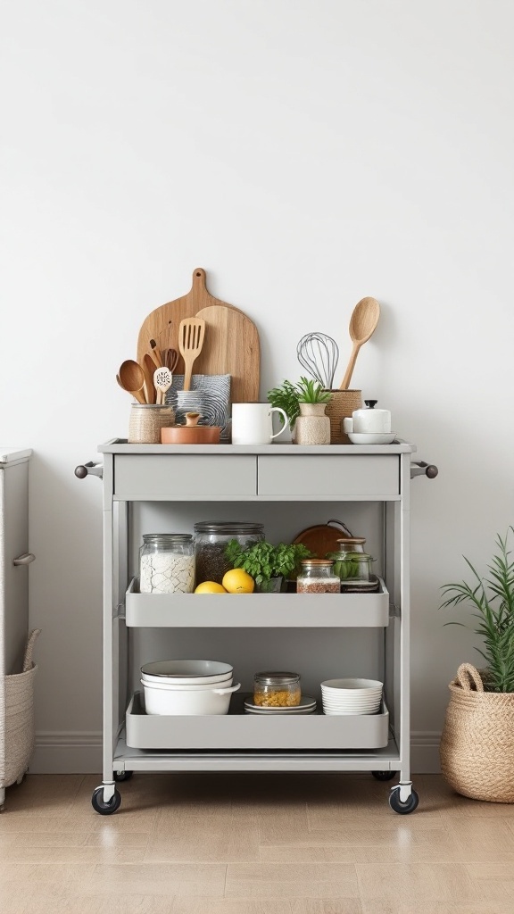 A gray storage cart filled with cooking utensils, jars, and plants, showcasing organizational flexibility.