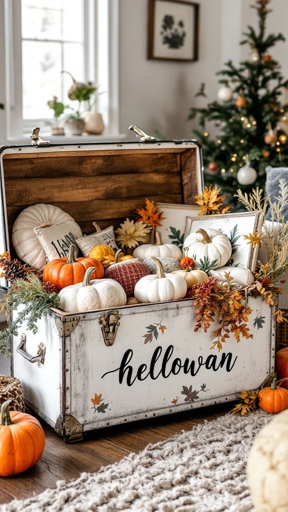 A vintage storage trunk filled with autumn decorations like pumpkins and leaves, sitting in a warm, cozy living room.