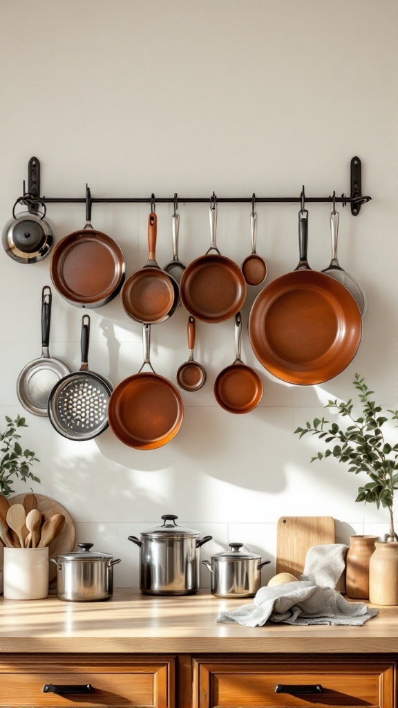 Rustic kitchen with pots and pans hanging on a wall rack, showcasing efficient use of space.