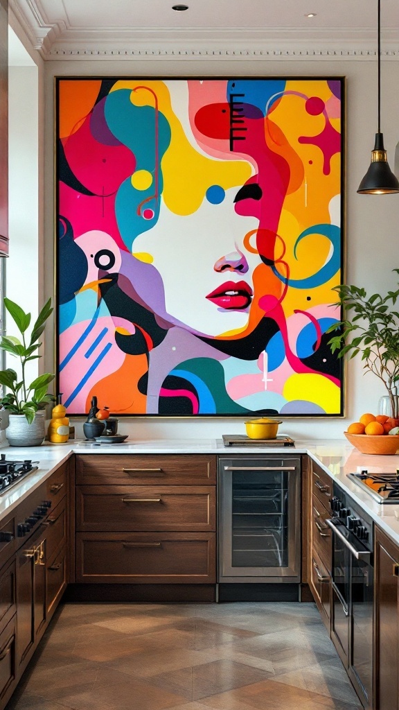 A vibrant piece of abstract wall art featuring bold colors and shapes in a modern kitchen.